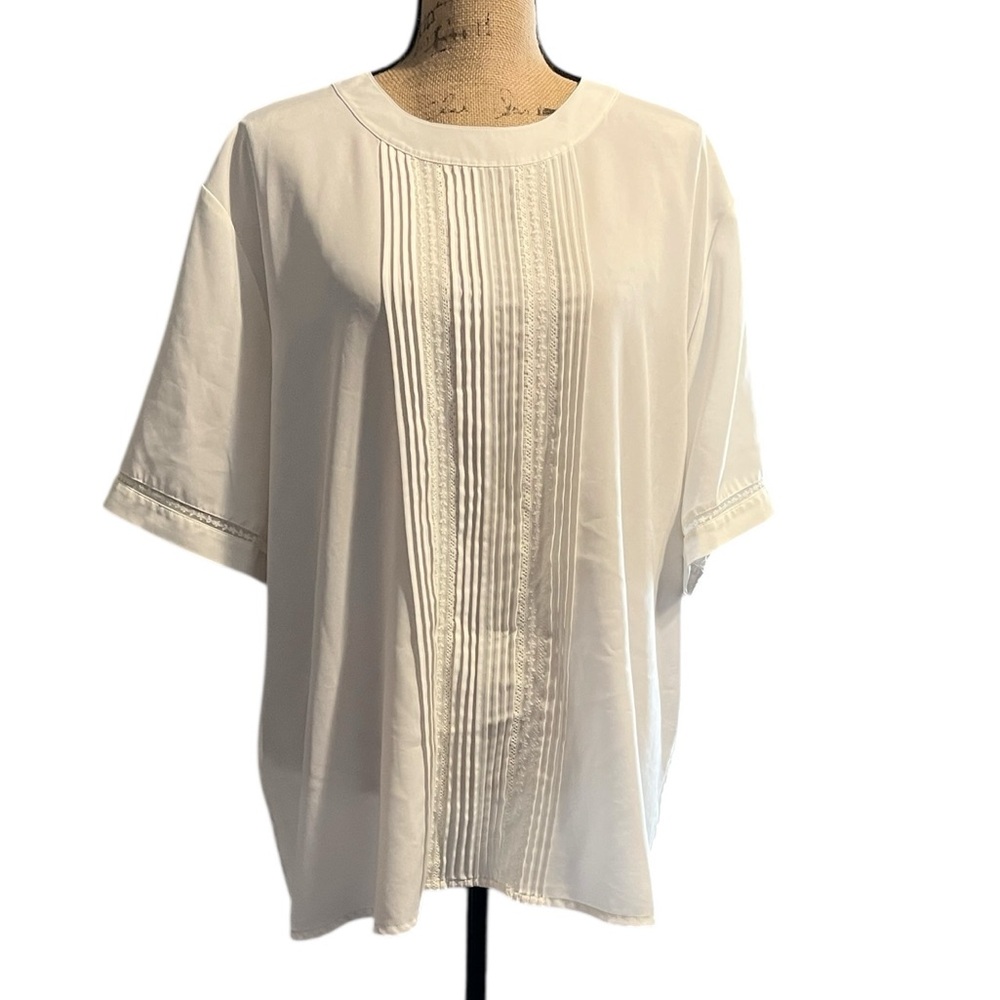 Kim Rogers Cream Blouse with 2-Button Keyhole Back, Lace Accents & Pleated Front